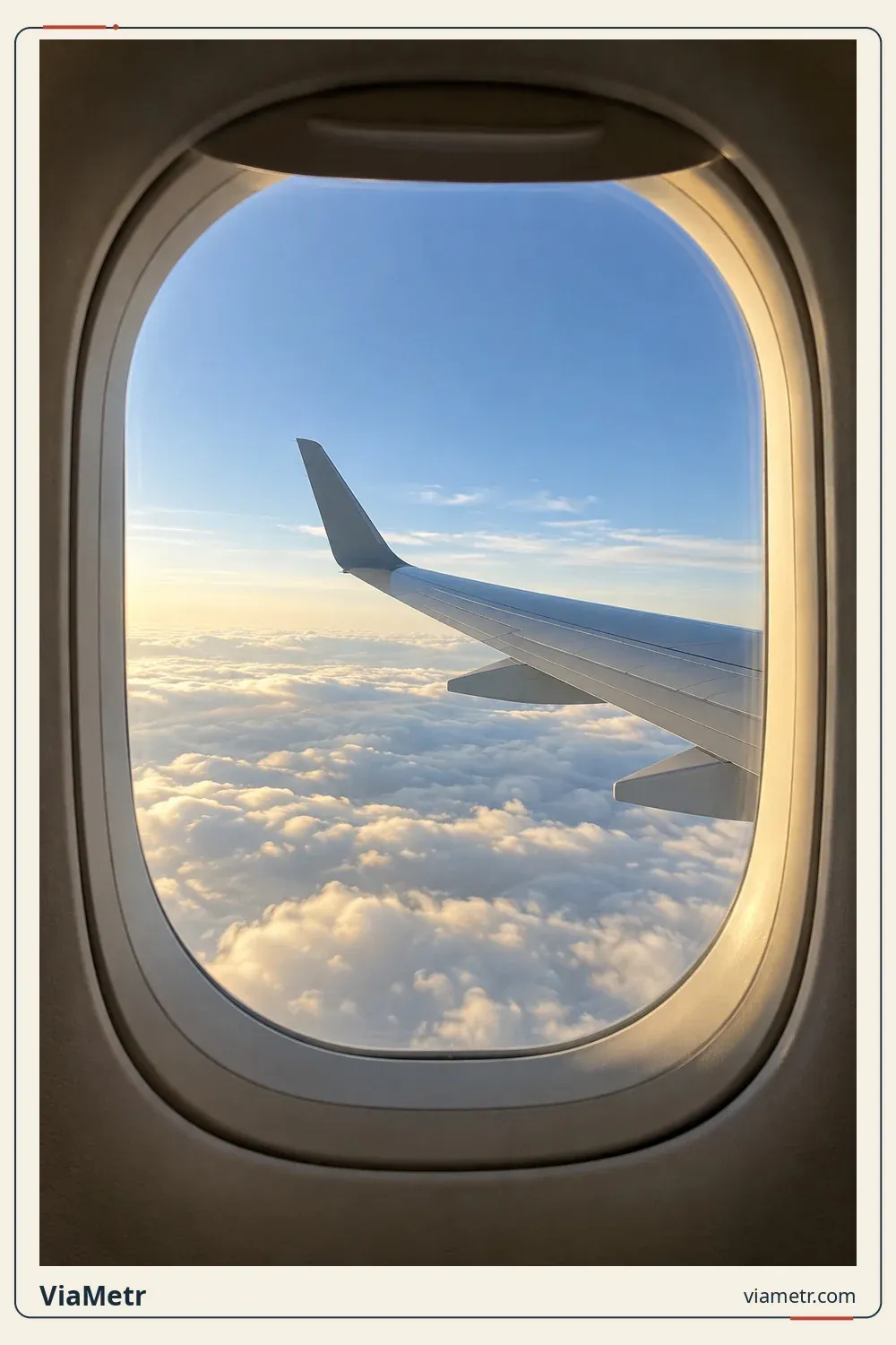An airplane window and wing above clouds. Generic editorial illustration, not an actual Florida flight.