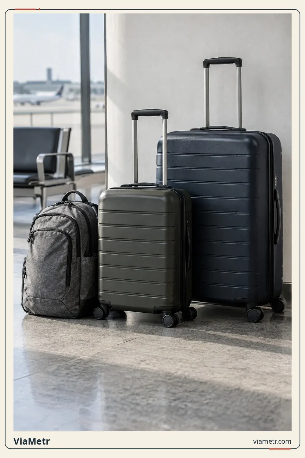A backpack and two wheeled suitcases. Generic examples, not verified airline size allowances.