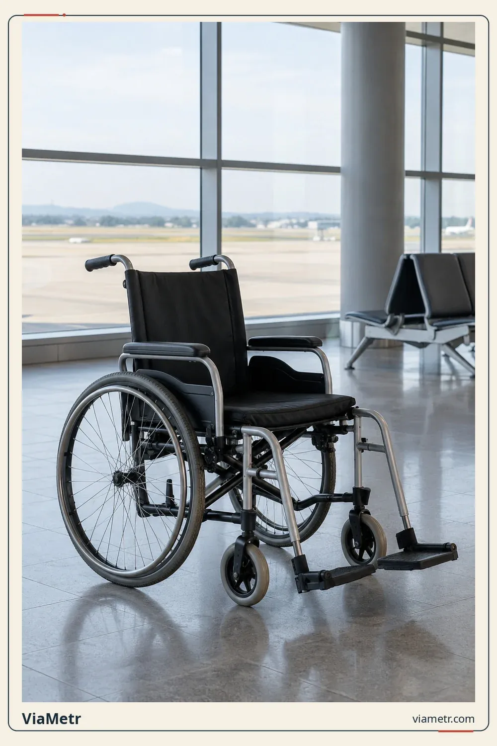 An unoccupied wheelchair in a terminal. Generic equipment context, not an accessible operator guarantee.