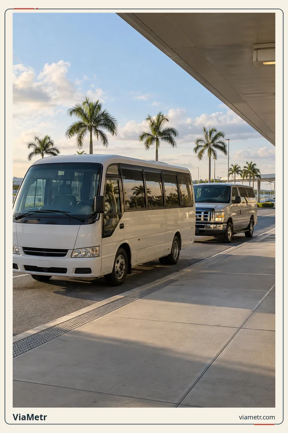 An unbranded minibus and van at an airport curb. Generic context, not a booked service or actual operator.