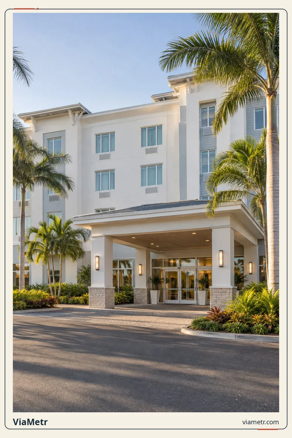 An unbranded hotel entrance with palms. Generic illustration, not an identified MCO or Port Canaveral hotel.