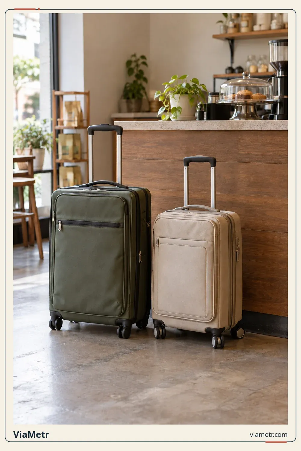 Two suitcases near a shop counter. Generic city luggage context, not storage inside FLL or a verified storage point.