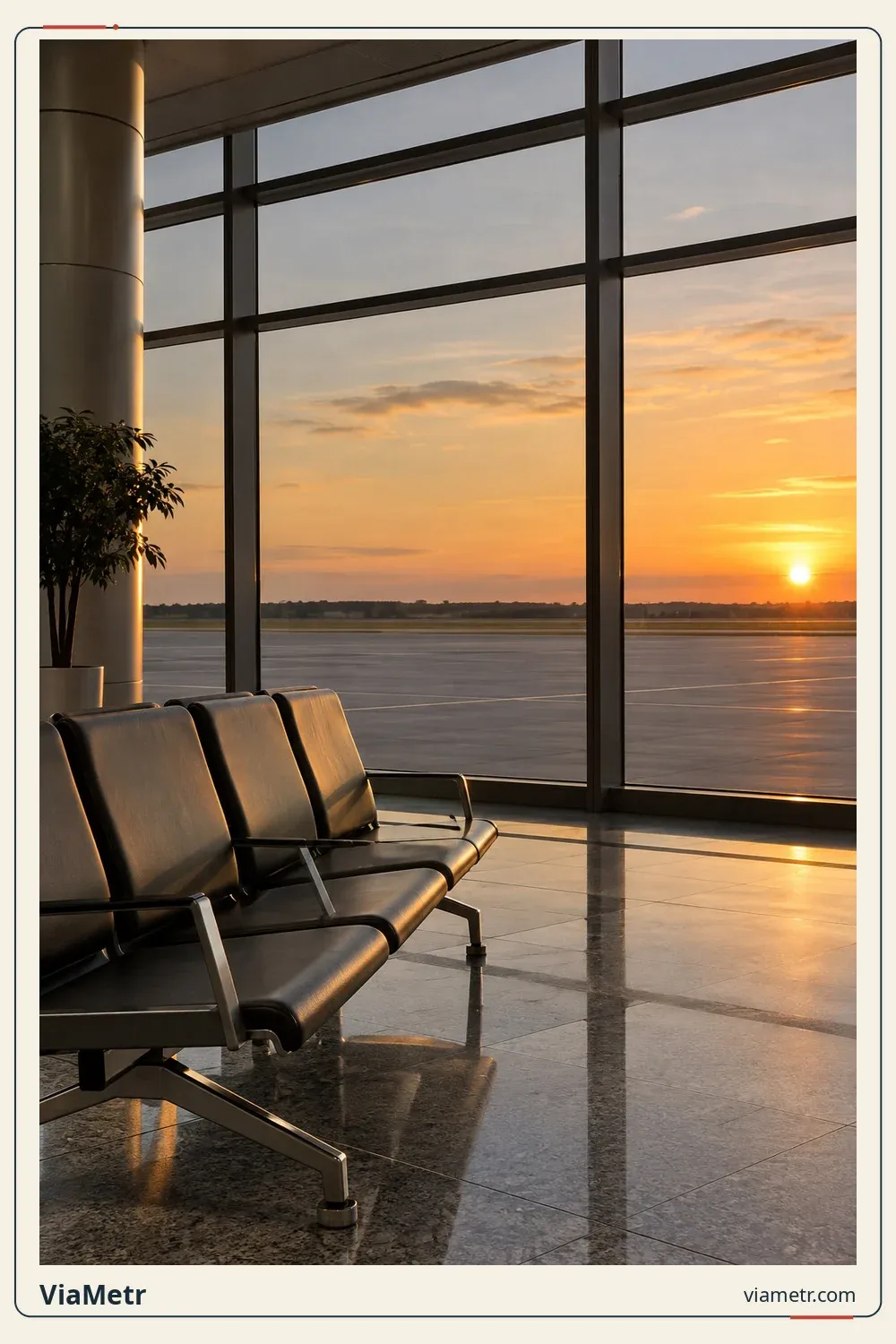 A lounge overlooking an empty apron at sunset. Generic flight-planning context, not an identified airport.