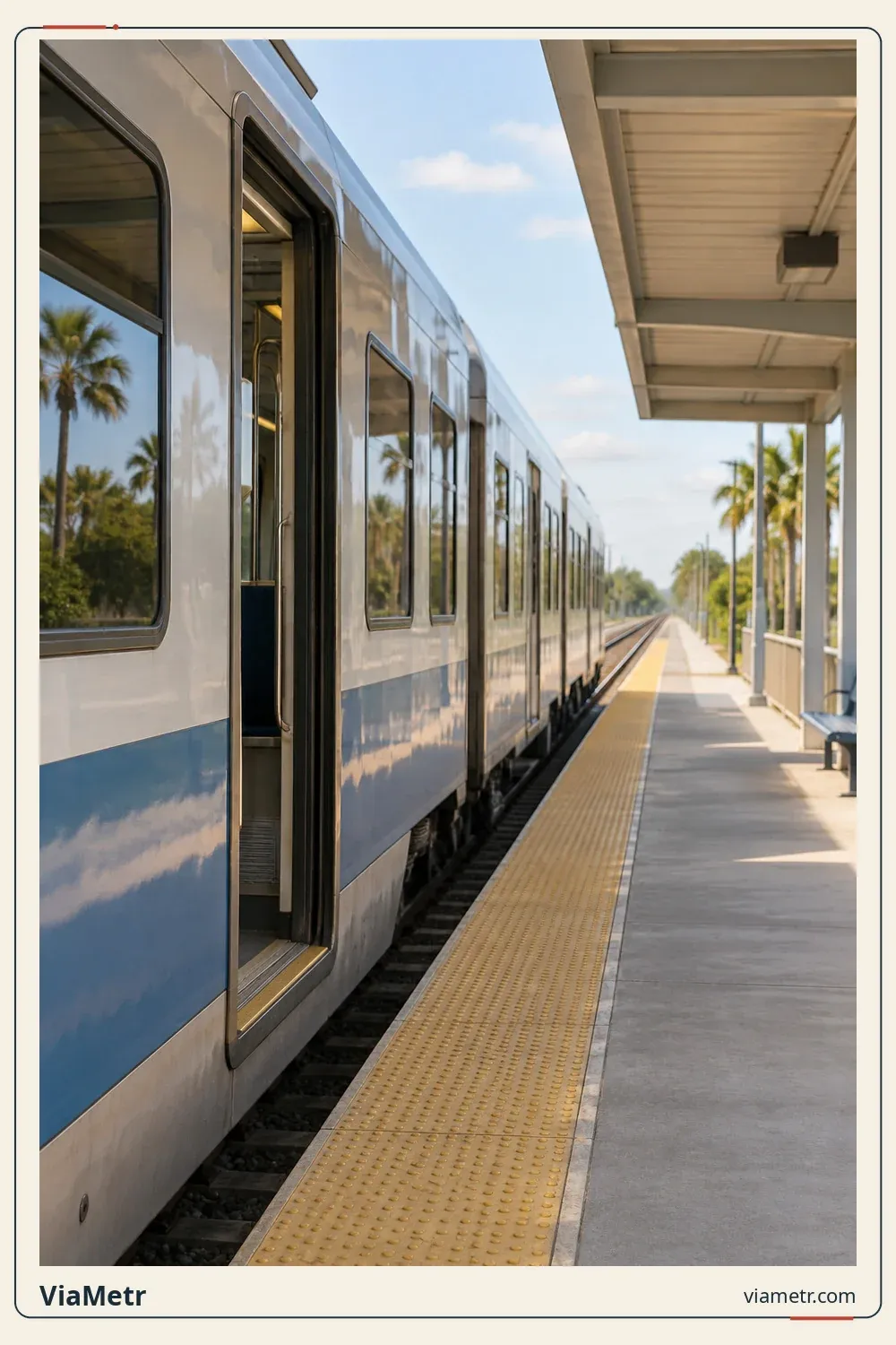 An unbranded train beside a platform. Generic context, not an actual Tri-Rail or Brightline service or station.