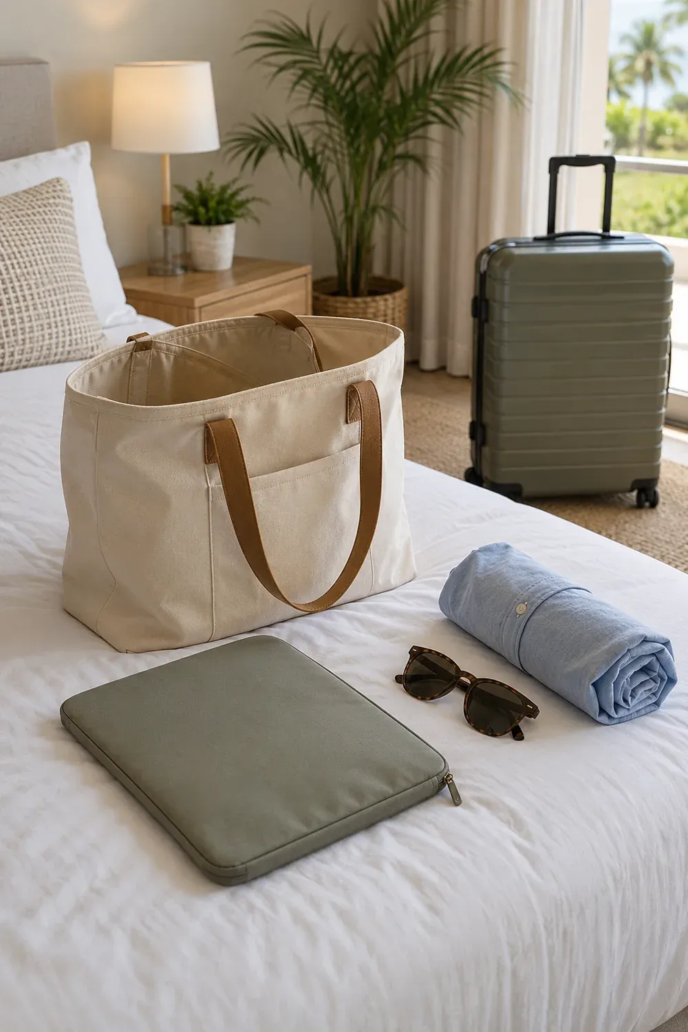 An open canvas tote on a bed beside a closed flat zip pouch, sunglasses and a rolled shirt, with a separate large suitcase behind it. Within a slim ViaMetr frame.