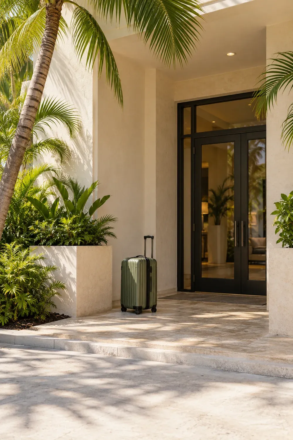 A green suitcase by an unbranded palm-lined hotel entrance. Generic hotel context, not a named Miami hotel or proof of a shuttle service. Within a slim ViaMetr frame.