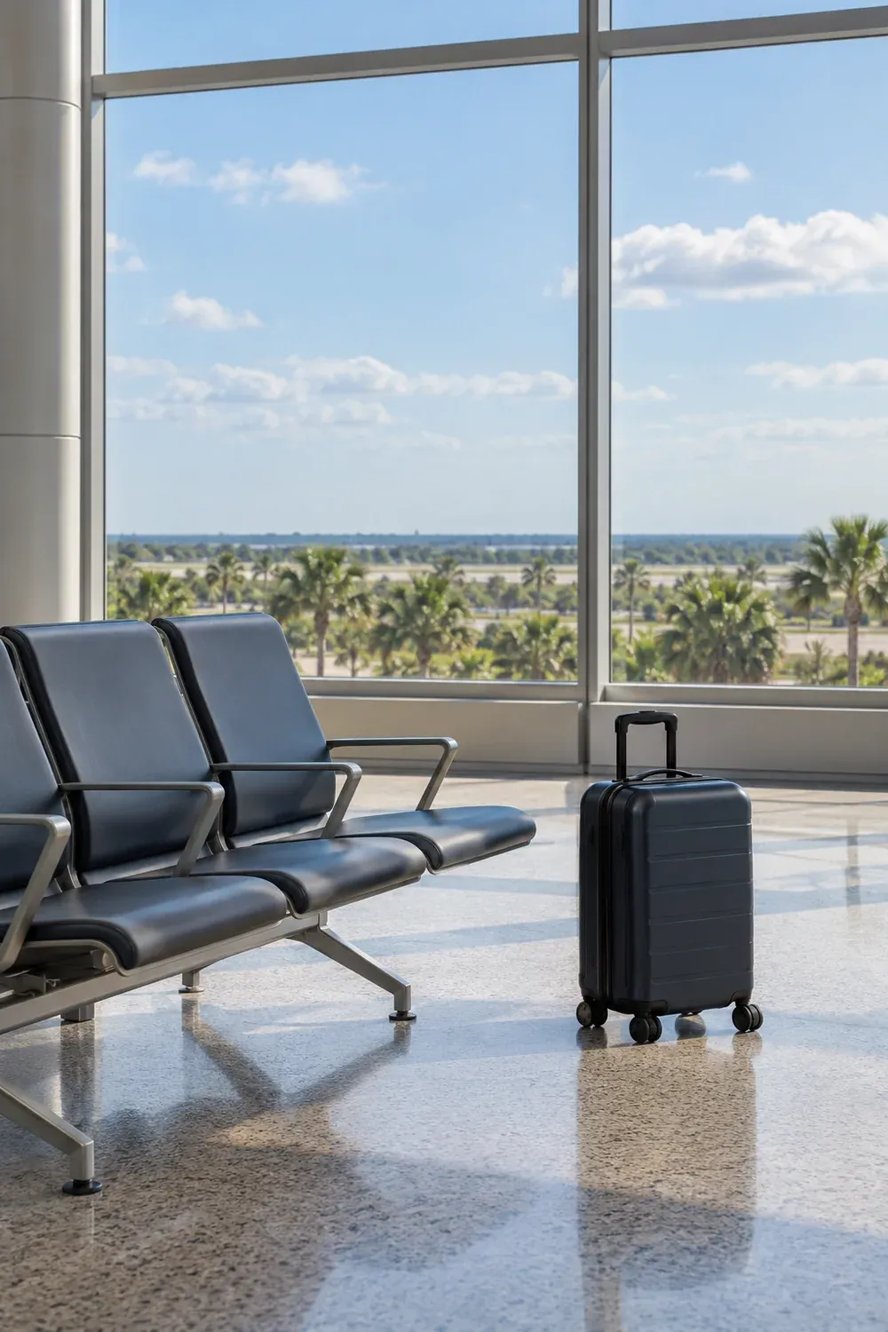 A black wheeled suitcase beside airport seating and a window overlooking flat palm-lined terrain. Generic airport context, not a documented MCO terminal. Within a slim ViaMetr frame.